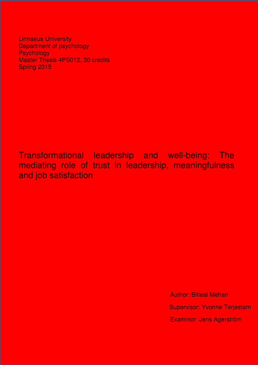 erindringer forvirring Peck PDF) Transformational leadership and well-being: The mediating role of  trust in leadership, meaningfulness and job satisfaction