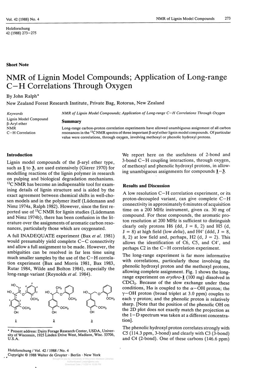 Pdf Nmr Of Lignin Model Compounds Application Of Long Range C H Correlations Through Oxygen