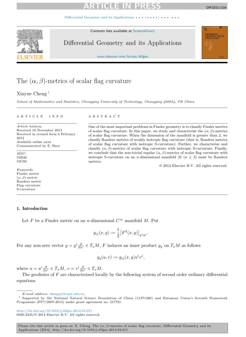 Pdf The Alpha Beta Metrics Of Scalar Flag Curvature