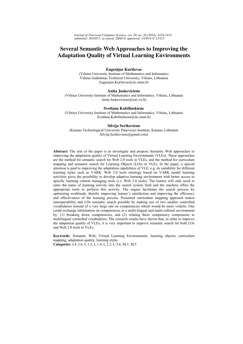 Andrius Wiix Gmail Com.Pdf Several Semantic Web Approaches To Improving The Adaptation Quality Of Virtual Learning Environments