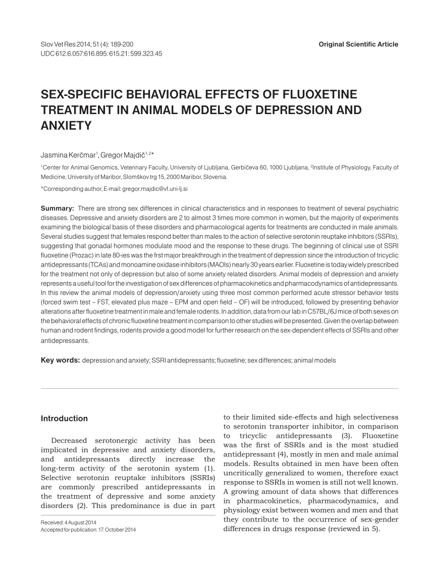 PDF) Sex-specific behavioral effects of fluoxetine treatment in animal  models of depression and anxiety