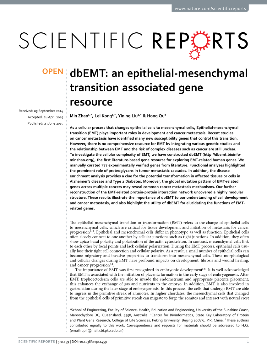 Pdf Dbemt An Epithelial Mesenchymal Transition Associated Gene Resource