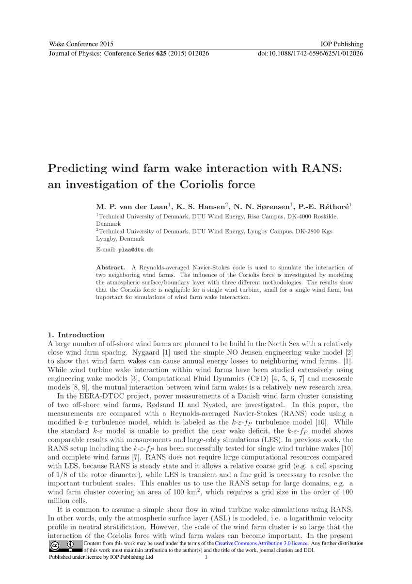 Pdf Predicting Wind Farm Wake Interaction With Rans An Investigation Of The Coriolis Force
