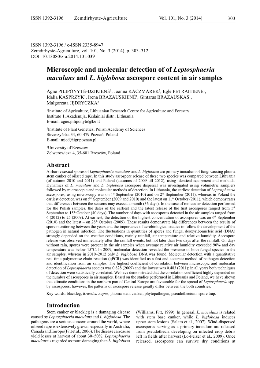 Pdf Microscopic And Molecular Detection Of Leptosphaeria Maculans And L Biglobosa Ascospore Content In Air Samples