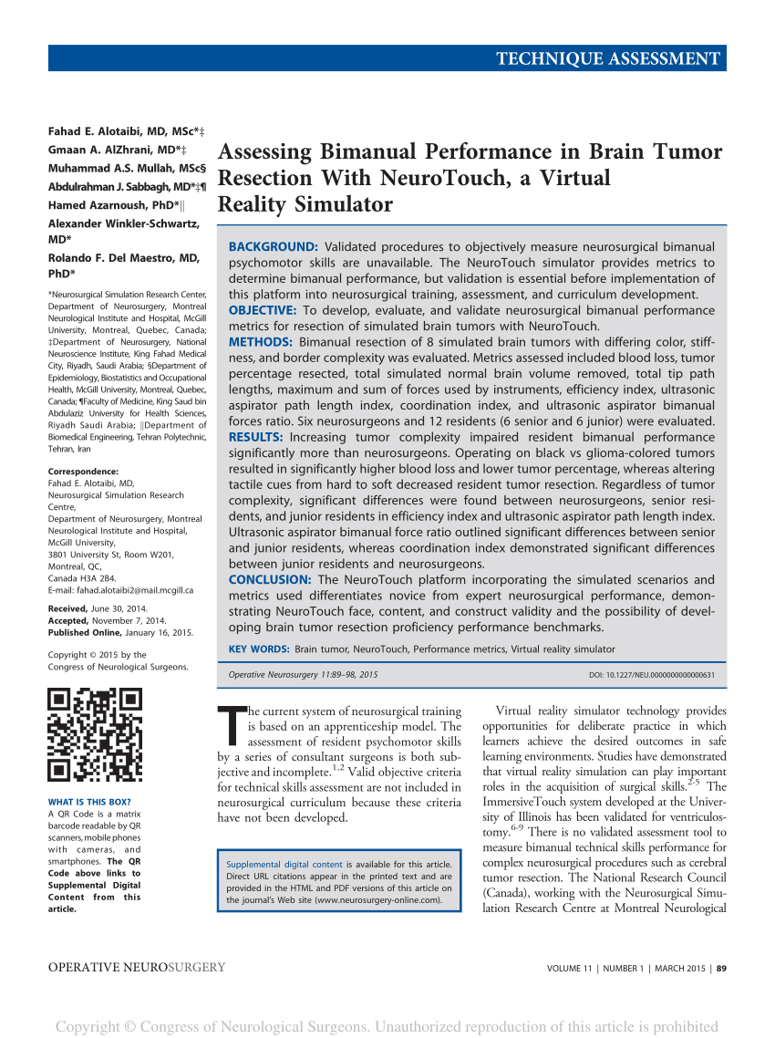 PDF) Utilizing NeuroTouch, a virtual reality simulator, to assess and  monitor bimanual performance during brain tumor resection