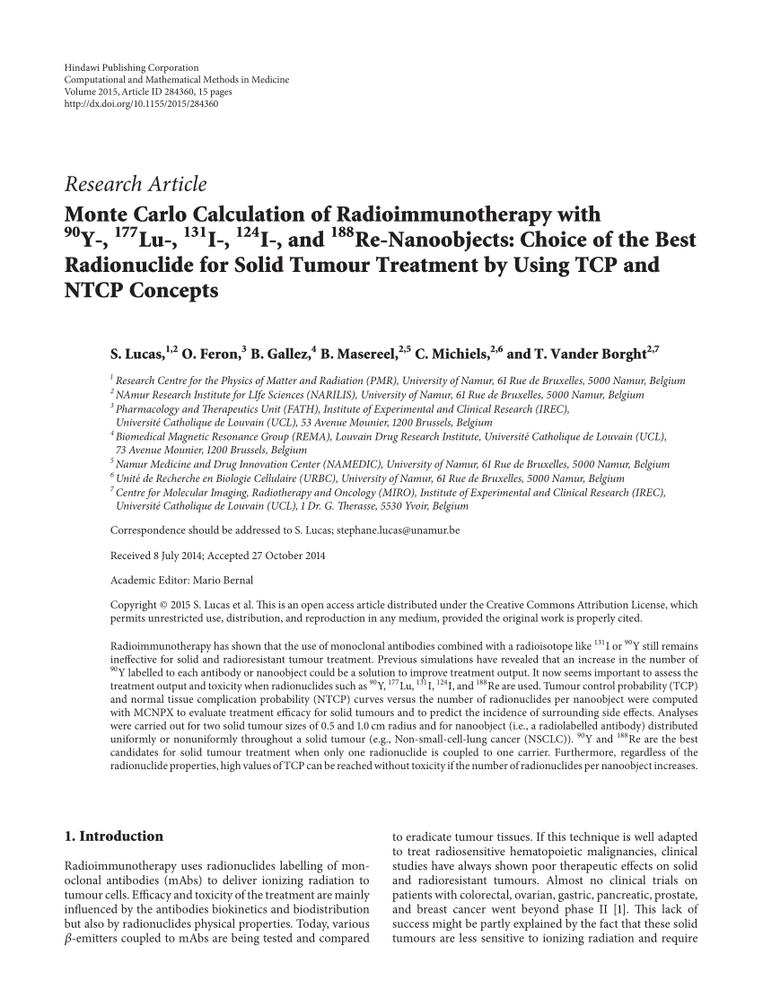 Pdf Monte Carlo Calculation Of Radioimmunotherapy With 90 Y 177 Lu 131 I 124 I And 1 Re Nanoobjects Choice Of The Best Radionuclide For Solid Tumour Treatment By Using Tcp And Ntcp Concepts