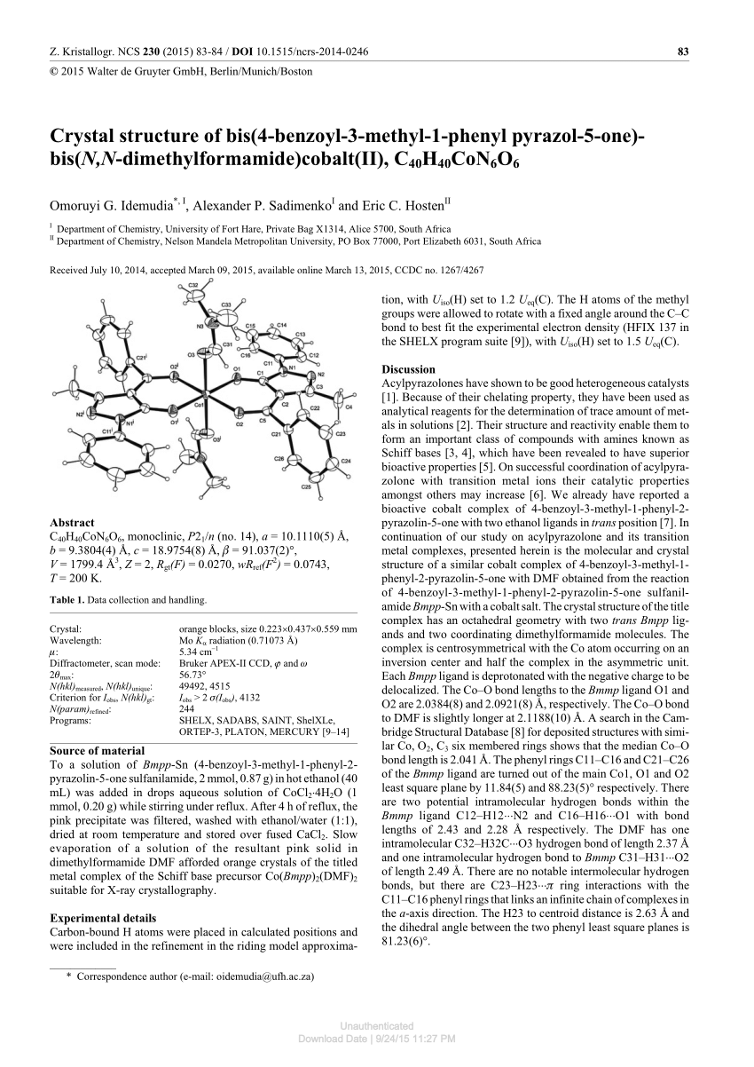 Pdf Crystal Structure Of Bis 4 Benzoyl 3 Methyl 1 Phenyl Pyrazol 5 One Bis N N Dimethylformamide Cobalt Ii C40h40con6o6