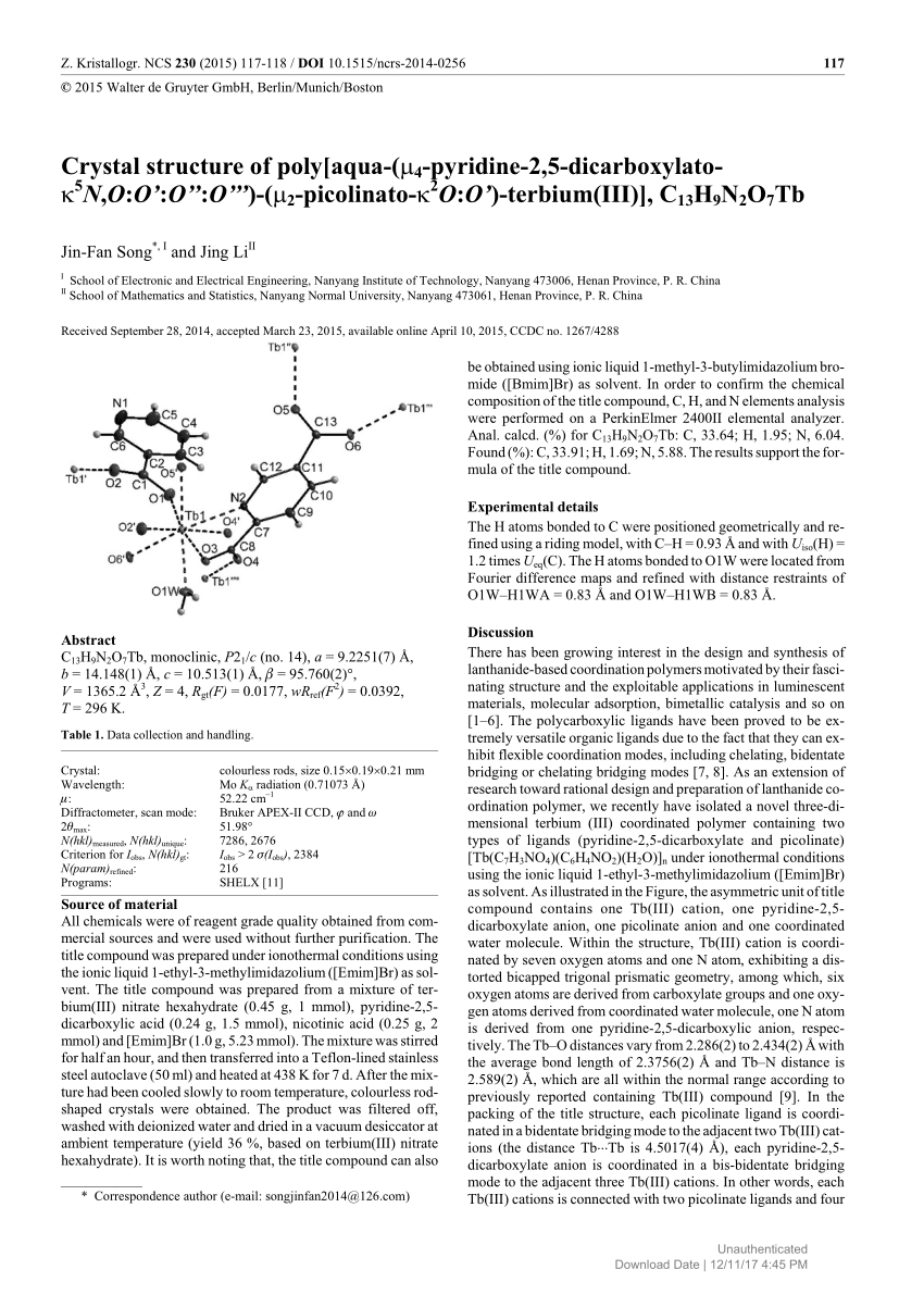 Pdf Crystal Structure Of Poly Aqua M4 Pyridine 2 5 Dicarboxylato K5n O O O O M2 Picolinato K2o O Terbium Iii C13h9n2o7tb
