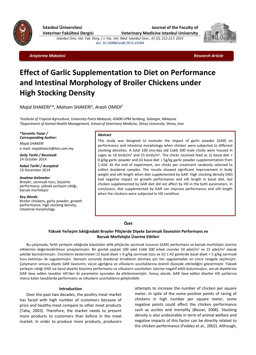 Pdf Yuksek Yerlesim Sikligindaki Broyler Tavuklarda Diyete Sarimsak Ilavesinin Performans Ve Barsak Morfolojisi Uzerine Etkileri