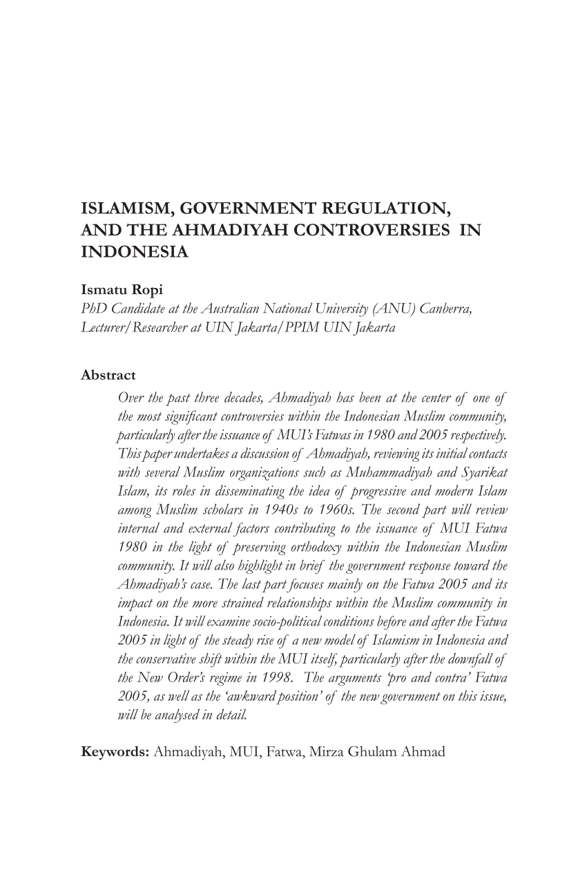 Pdf Islamism Government Regulation And The Ahmadiyah Controversies In Indonesia