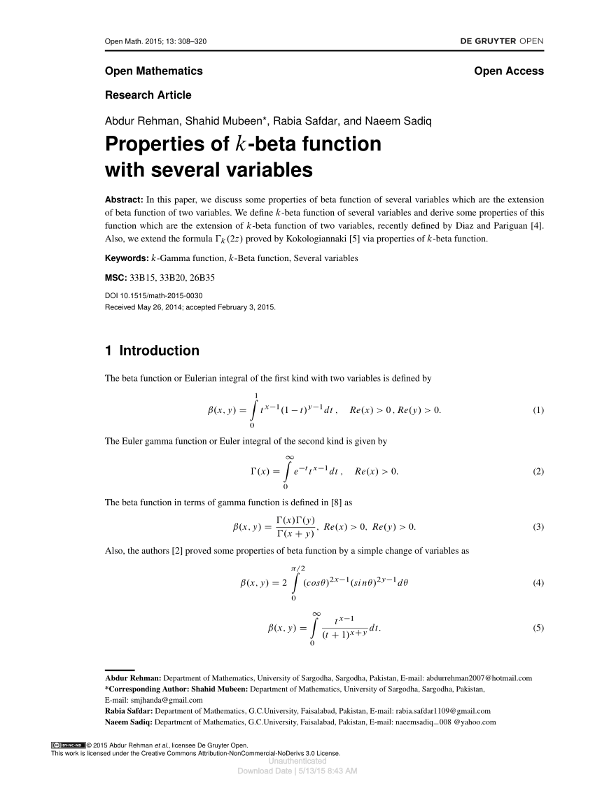 Pdf Properties Of K Beta Function With Several Variables