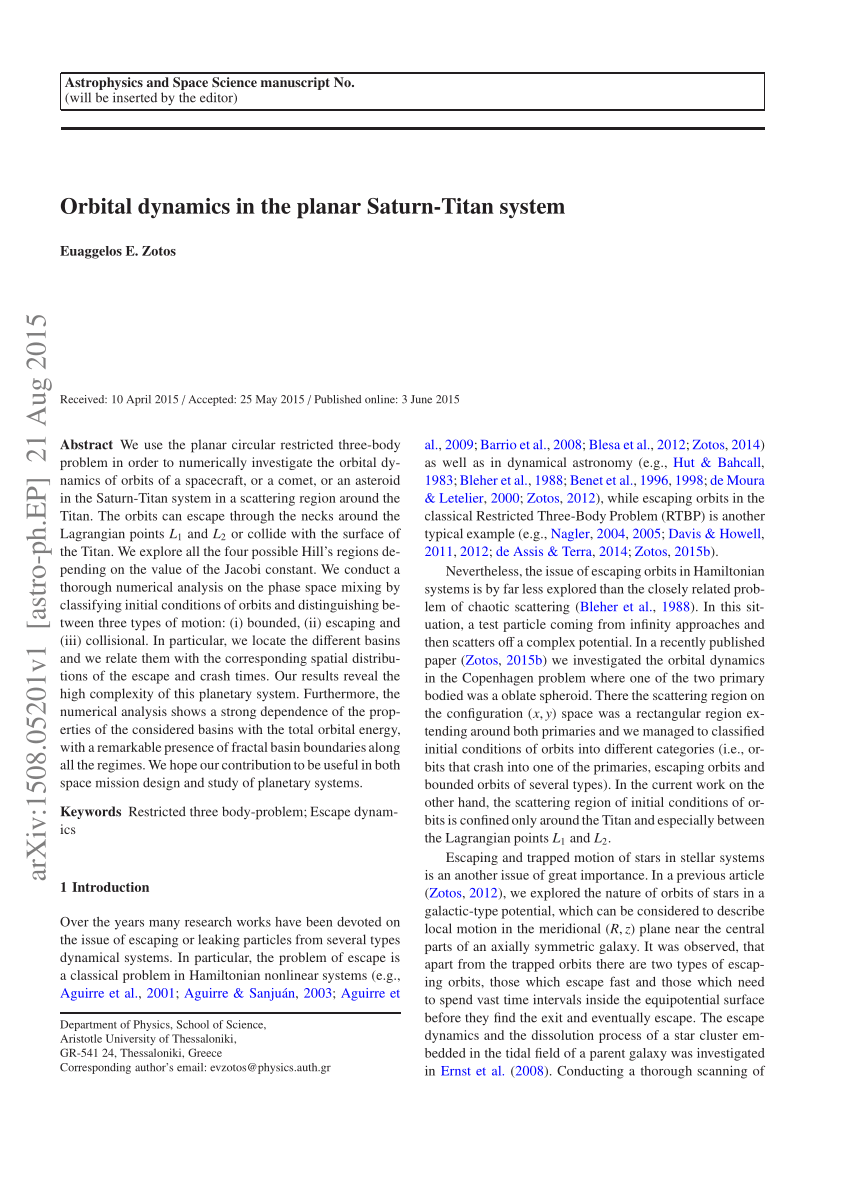 Pdf Orbital Dynamics In The Planar Saturn Titan System