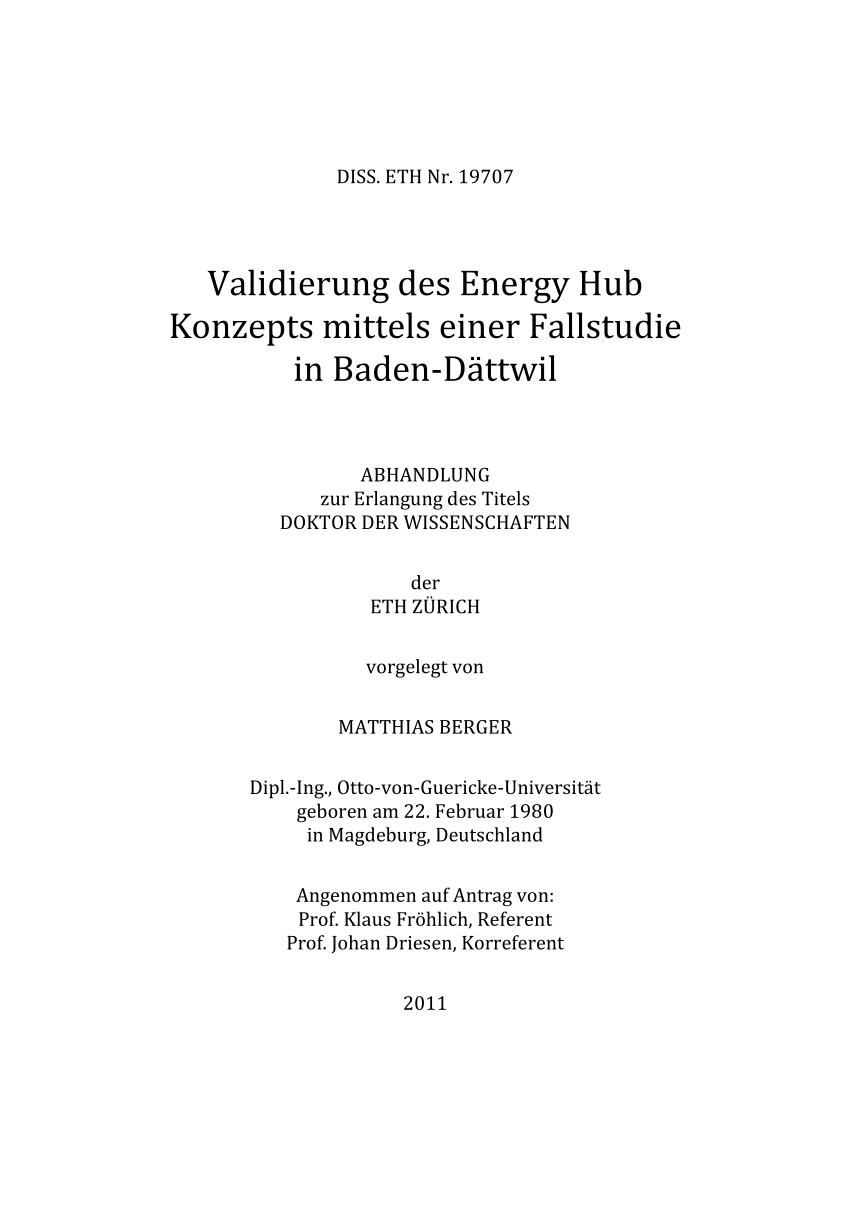 PDF Vali rung des Energy Hub Konzepts mittels einer Fallstu in Baden Dättwil