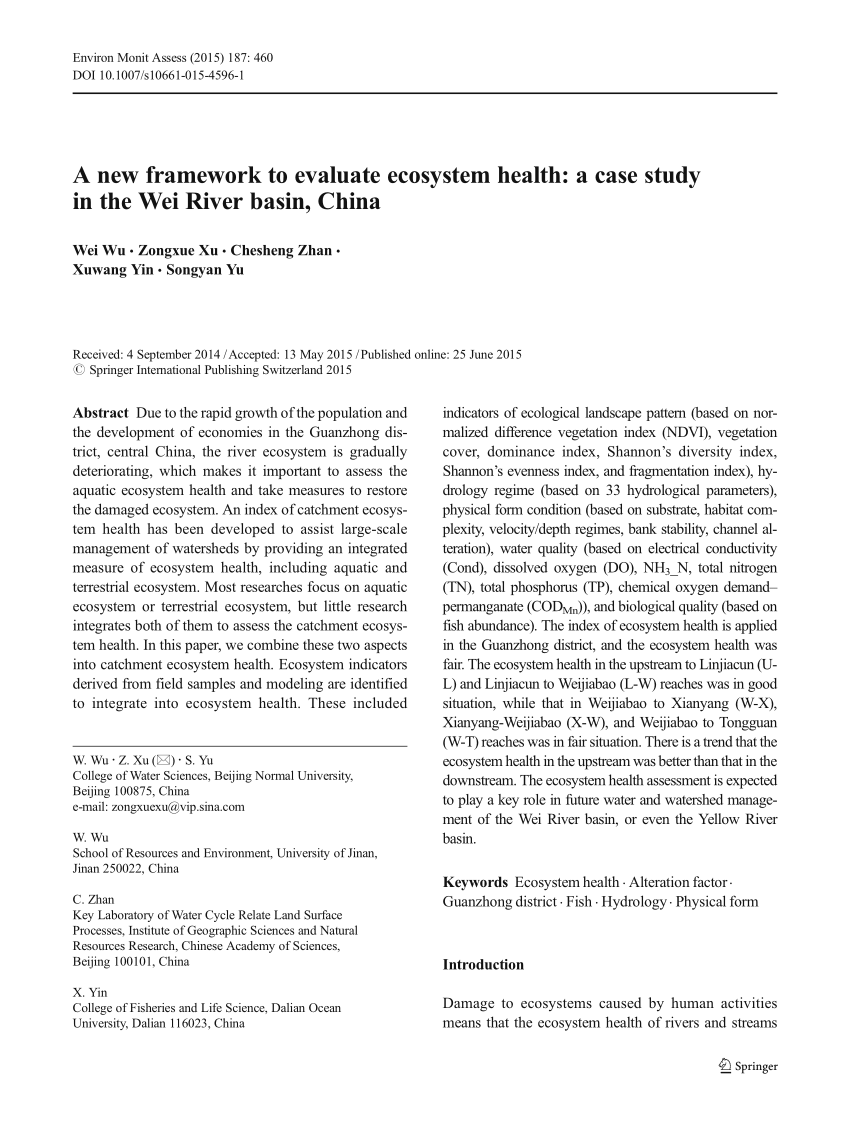 PDF) A new framework to evaluate ecosystem health: a case study in 