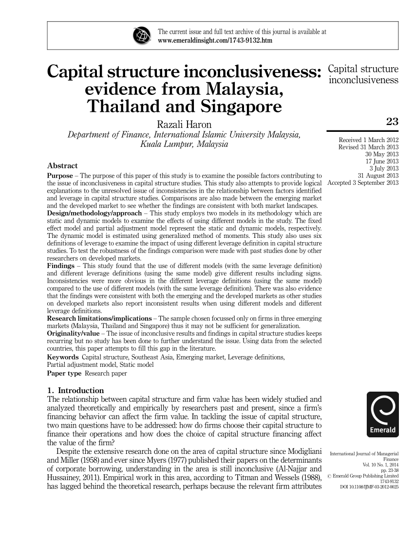 Pdf Capital Structure Inconclusiveness Evidence From Malaysia