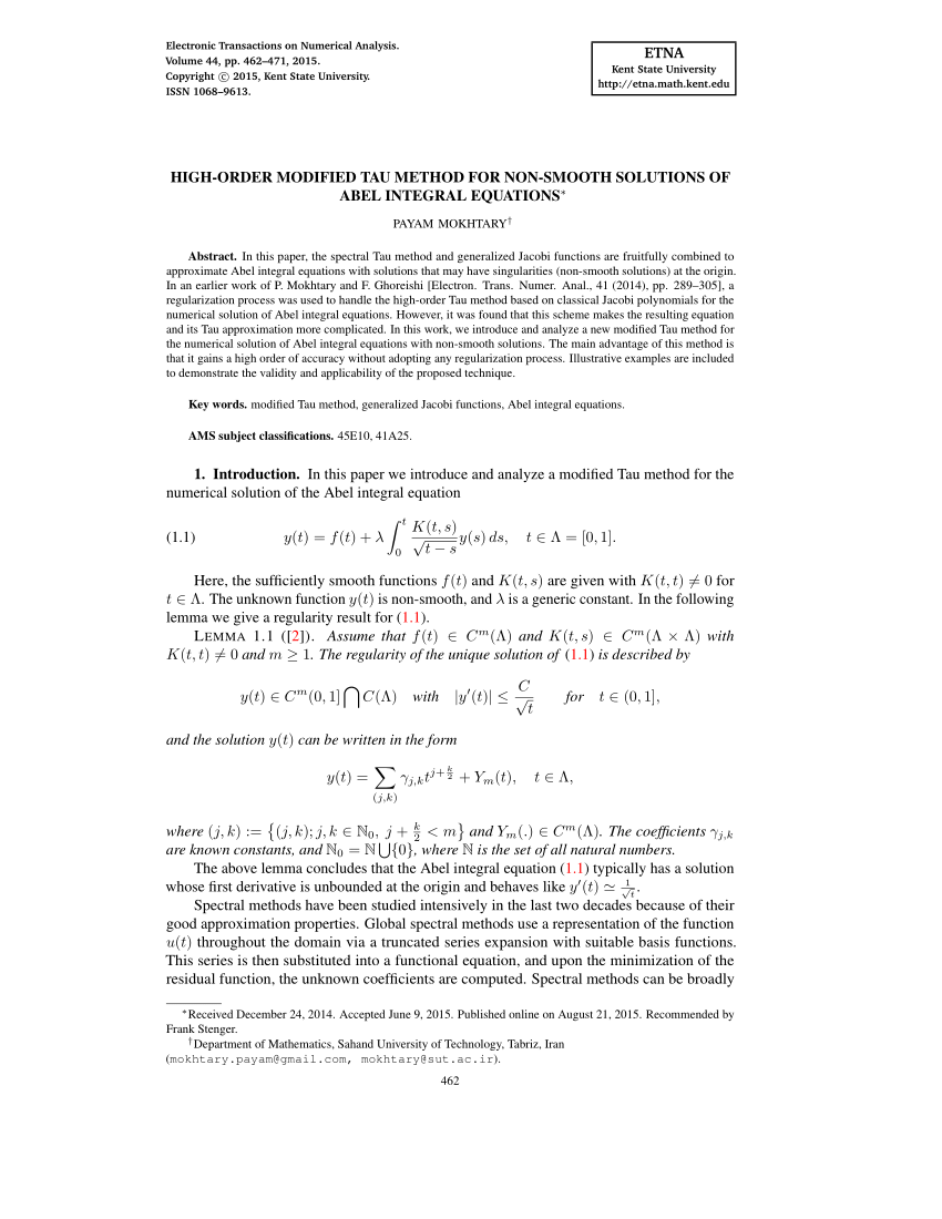 (PDF) High-Order Modified Tau method for non-smooth solutions of Abel ...