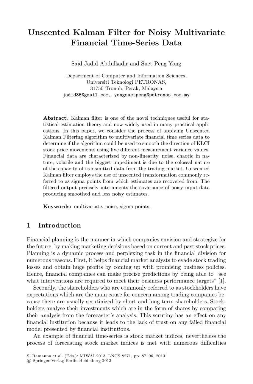 Pdf Unscented Kalman Filter For Noisy Multivariate Financial Time Series Data