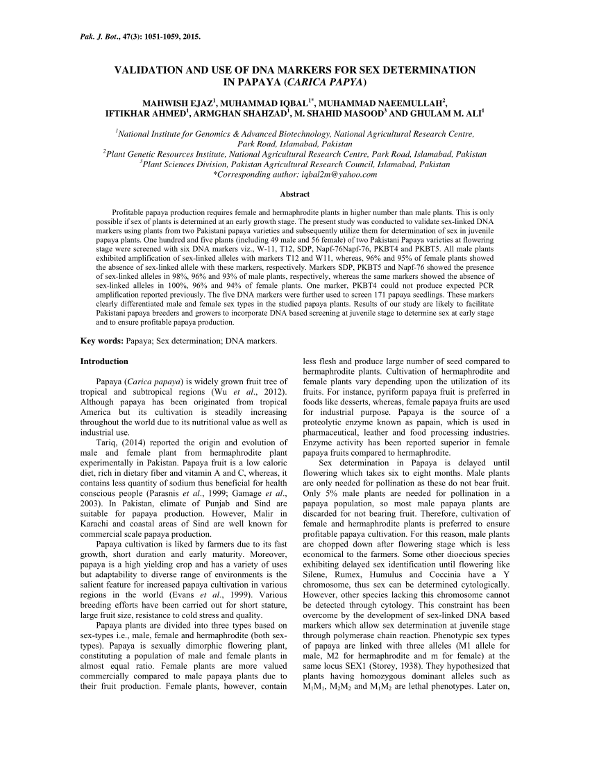 Pdf Validation And Use Of Dna Markers For Sex Determination In Papaya 