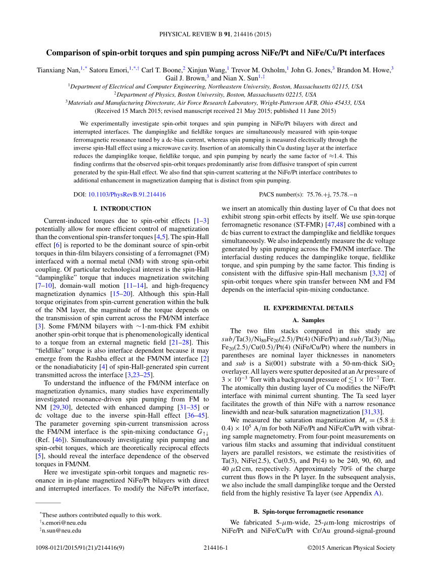 Pdf Comparison Of Spin Orbit Torques And Spin Pumping Across Nife Pt And Nife Cu Pt Interfaces