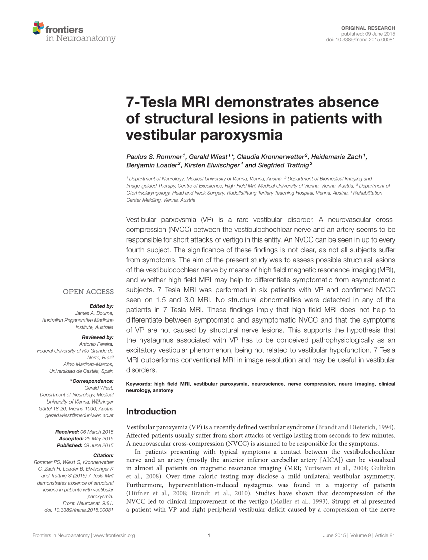 Pdf 7 Tesla Mri Demonstrates Absence Of Structural Lesions In Patients With Vestibular Paroxysmia 9114
