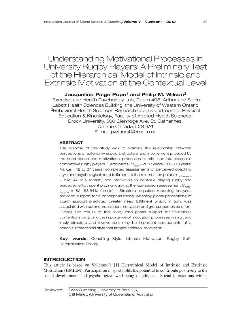 Pdf Understanding Motivational Processes In University Rugby Players A Preliminary Test Of The Hierarchical Model Of Intrinsic And Extrinsic Motivation At The Contextual Level