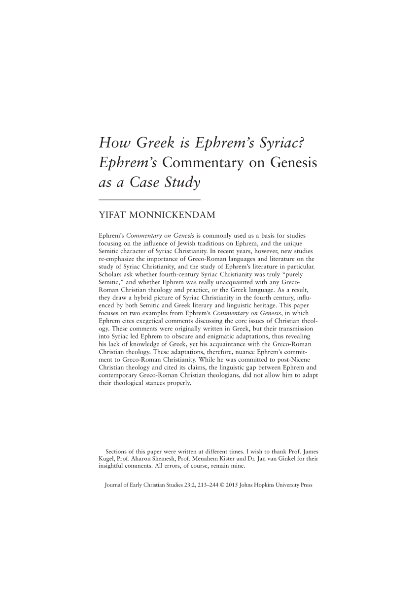Pdf How Greek Is Ephrem S Syriac Ephrem S Commentary On Genesis As A Case Study