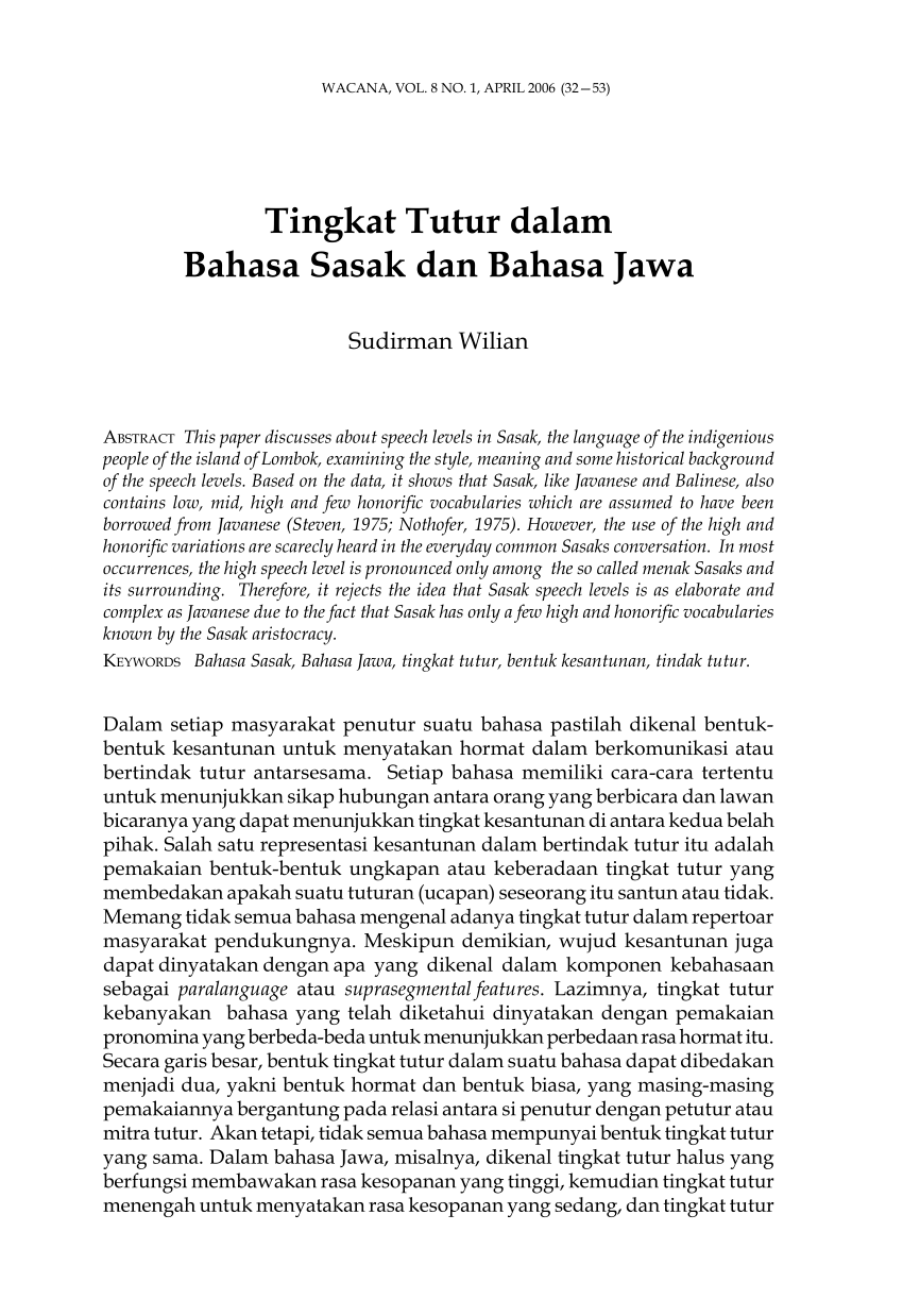 Pdf Tingkat Tutur Dalam Bahasa Sasak Dan Bahasa Jawa
