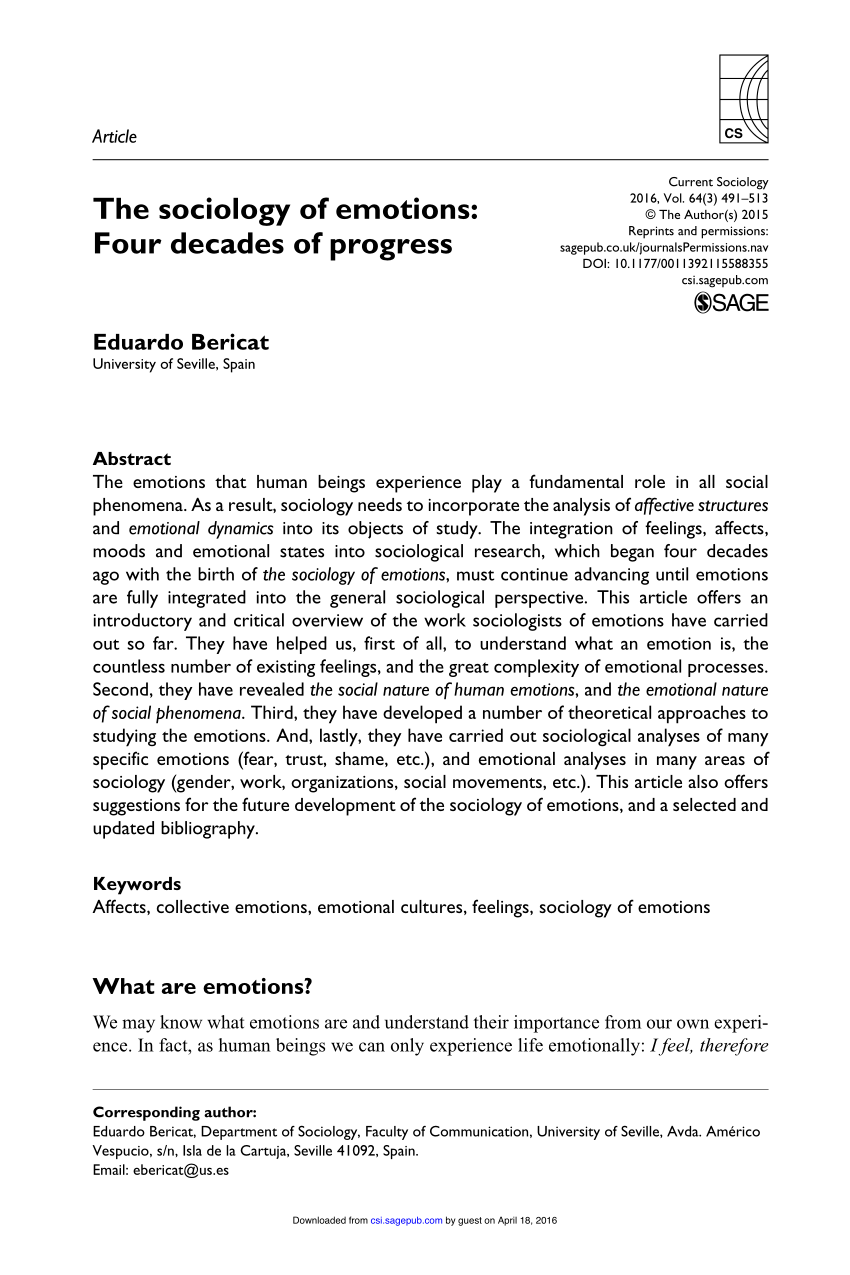 Pdf The Sociology Of Emotions Four Decades Of Progress