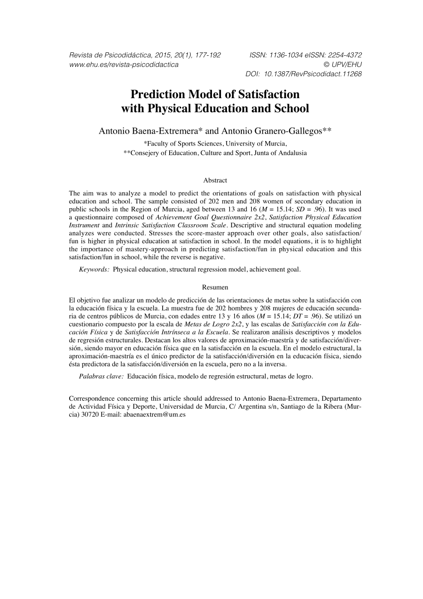 Pdf Prediction Model Of Satisfaction With Physical Education And School