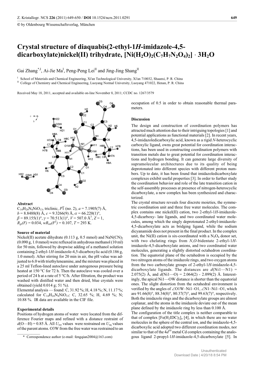 Pdf Crystal Structure Of Diaquabis 2 Ethyl 1h Imidazole 4 5 Dicarboxylate Nickel Ii Trihydrate Ni H2o 2 C7h7n2o4 2 3h2o