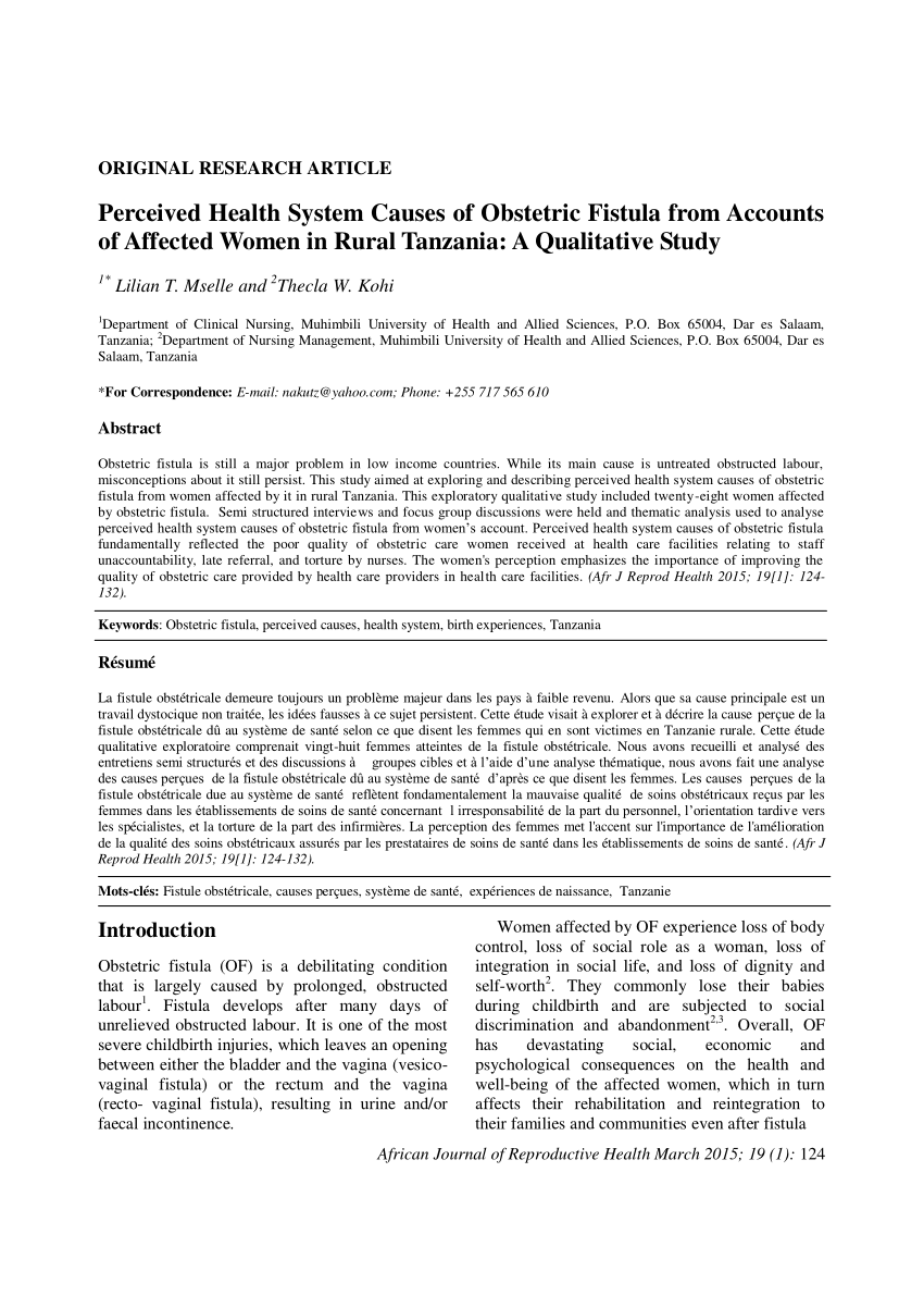 Pdf Perceived Health System Causes Of Obstetric Fistula From Accounts Of Affected Women In Rural Tanzania A Qualitative Study