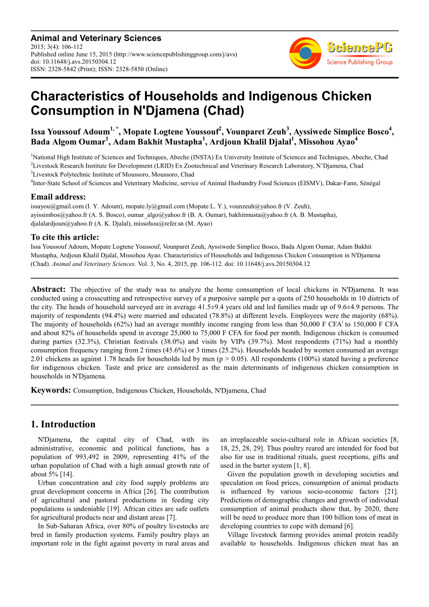 Pdf Characteristics Of Households And Indigenous Chicken Consumption In N Djamena Chad