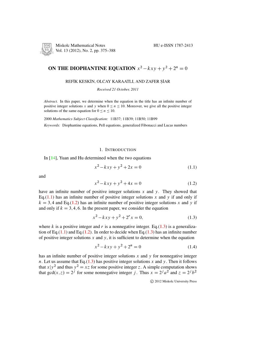 Pdf On The Diophantine Equation X 2 Kxy Y 2 2 N 0