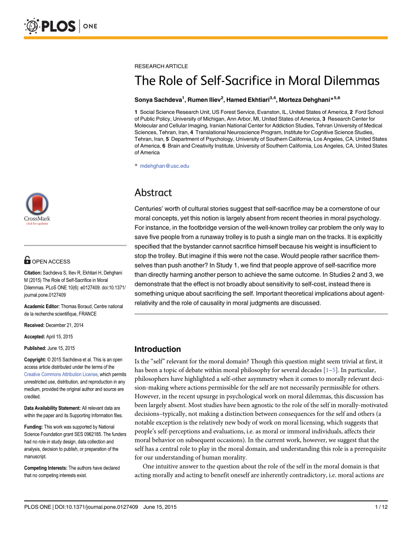 Pdf The Role Of Self Sacrifice In Moral Dilemmas