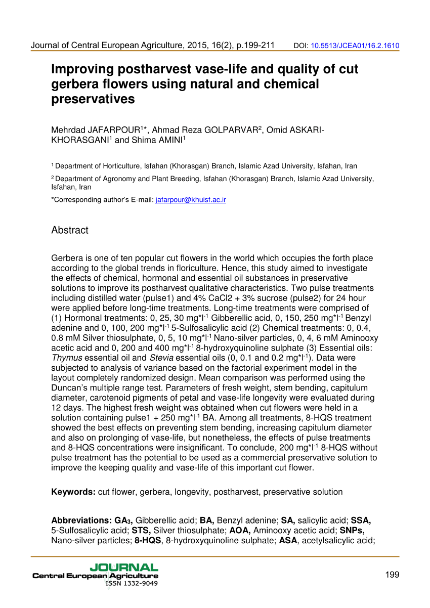 PDF] Effect of Humic Acid on Vase Life of Gerbera Flowers After