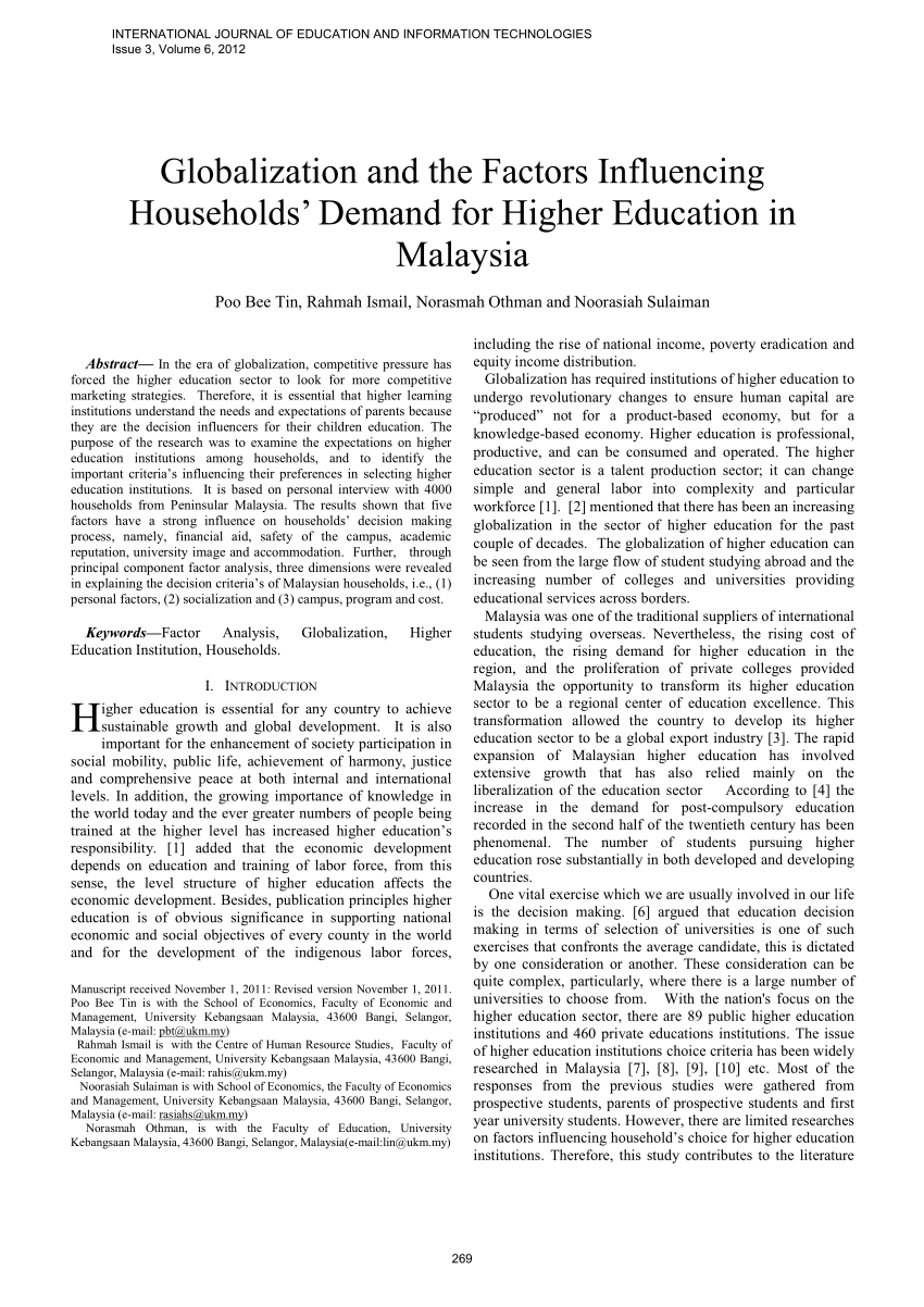 Pdf Globalization And The Factors Influencing Households Demand For Higher Education In Malaysia