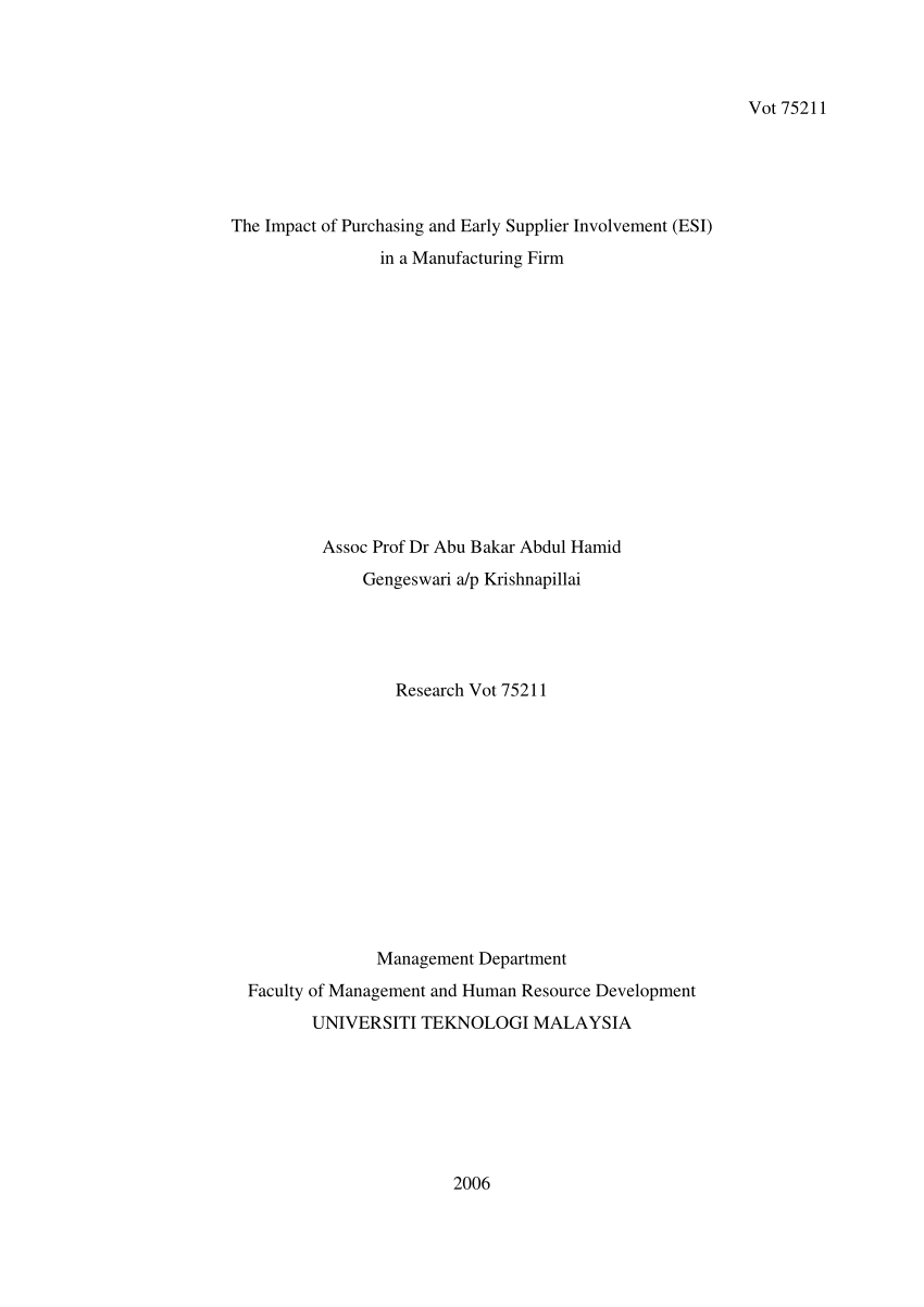 Pdf The Impact Of Purchasing And Early Supplier Involvement Esi - pdf the impact of purchasing and early supplier involvement esi in a manufacturing firm