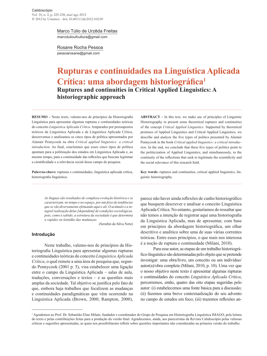 PDF) Rupturas e continuidades na Lingustica Aplicada Crtica: uma ...