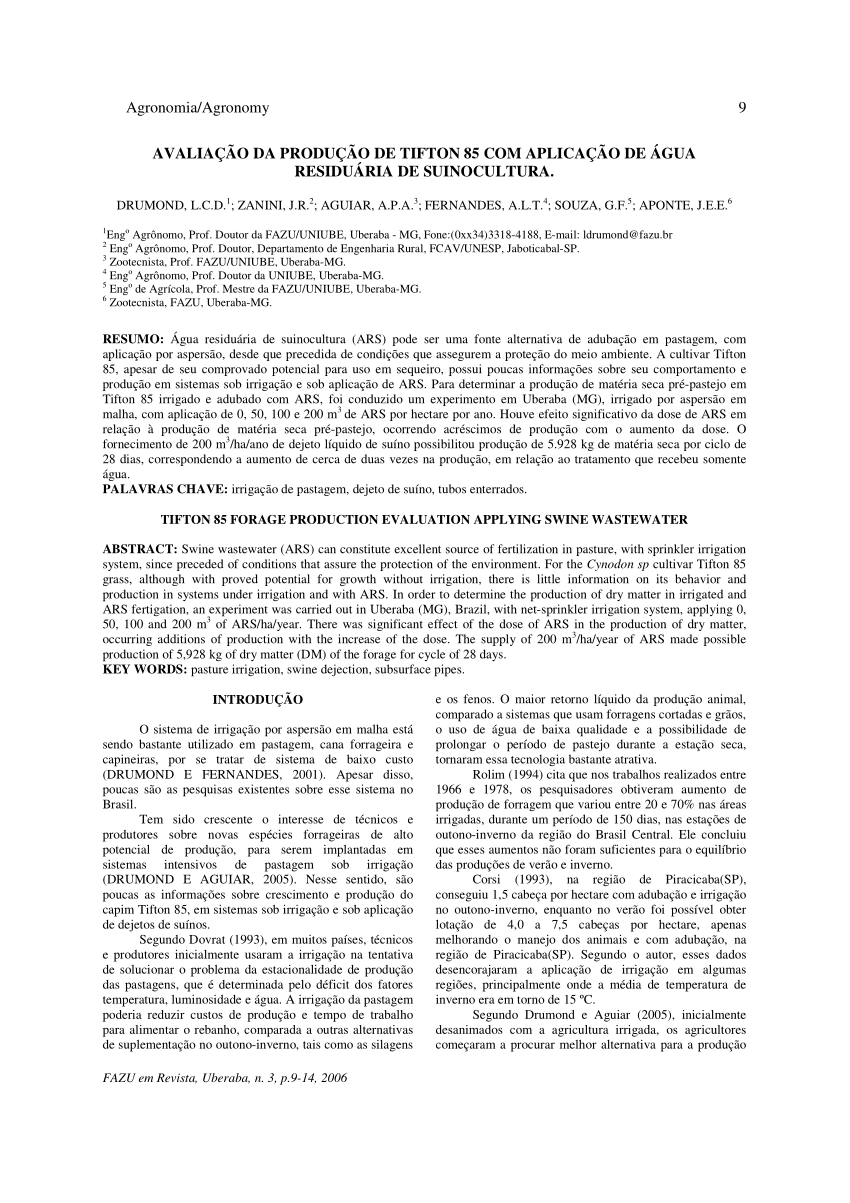 Pdf Avaliacao Da Producao De Tifton 85 Com Aplicacao De Agua Residuaria De Suinocultura