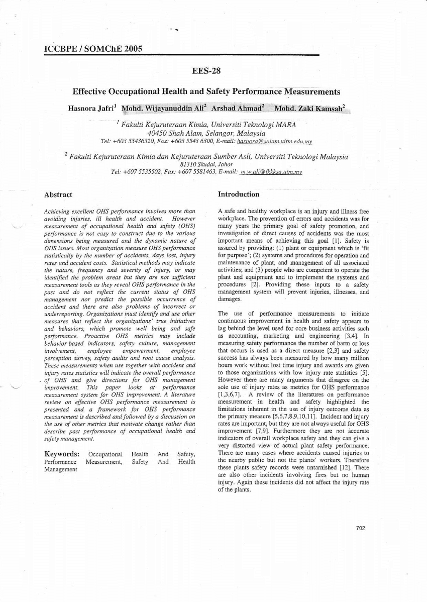 Pdf Effective Occupational Health And Safety Performance Measurements