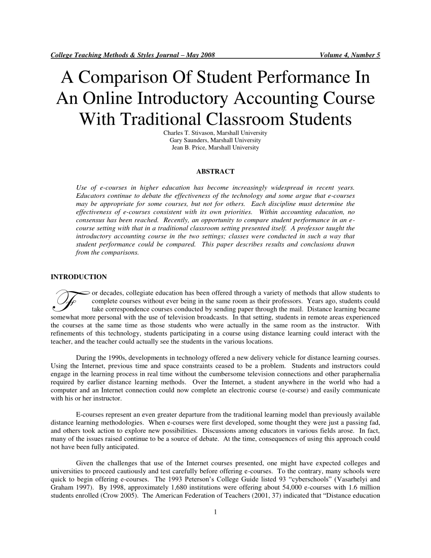 Pdf A Comparison Of Student Performance In An Online Introductory Accounting Course With Traditional Classroom Students