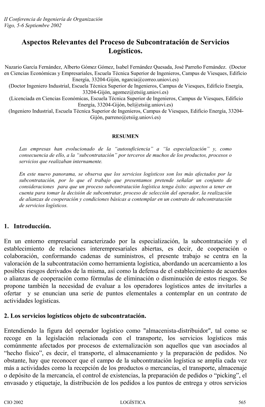PDF) Aspectos Relevantes del Proceso de Subcontratación de Servicios  Logísticos.