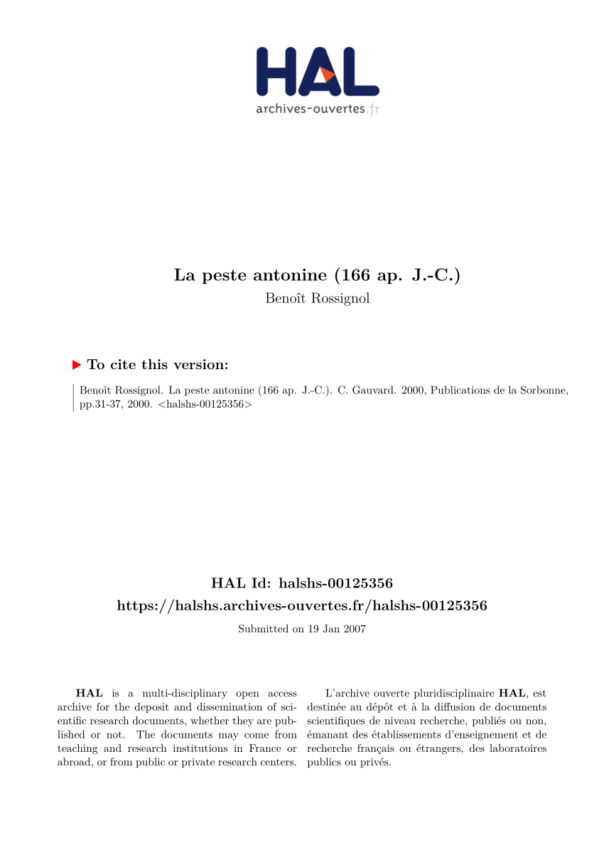 Pdf La Peste Antonine 166 Ap J C