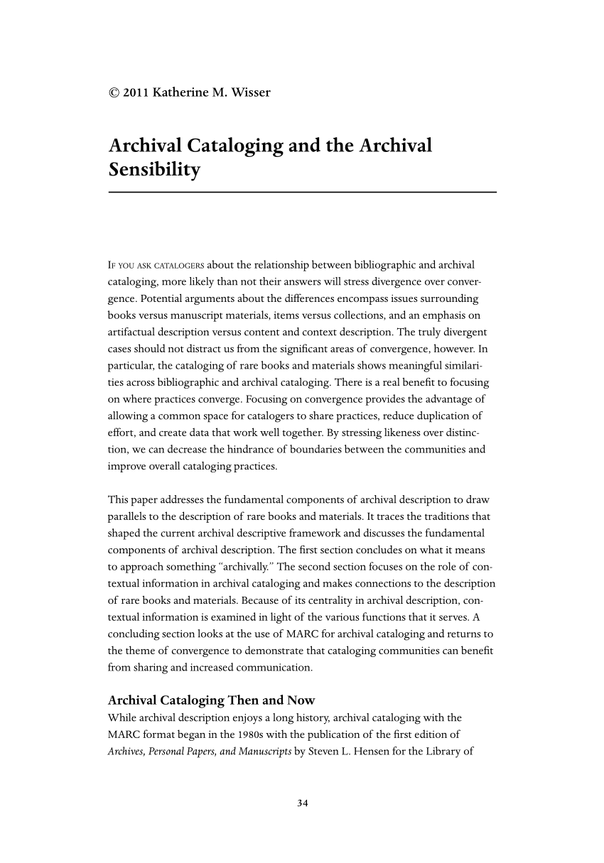 PDF) Archival Cataloging and the Archival Sensibility