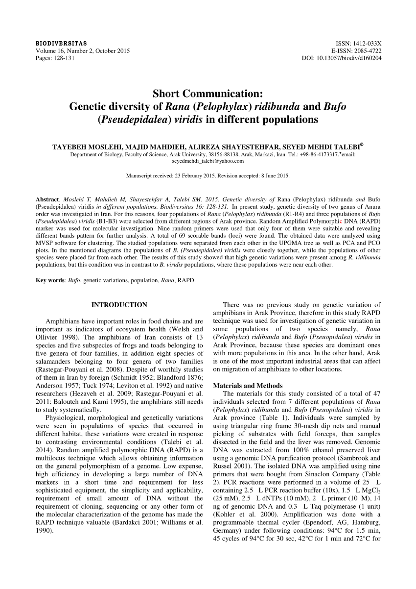 Pdf Genetic Diversity Of Rana Pelophylax Ridibunda And Bufo Pseudepidalea Viridis In 5249