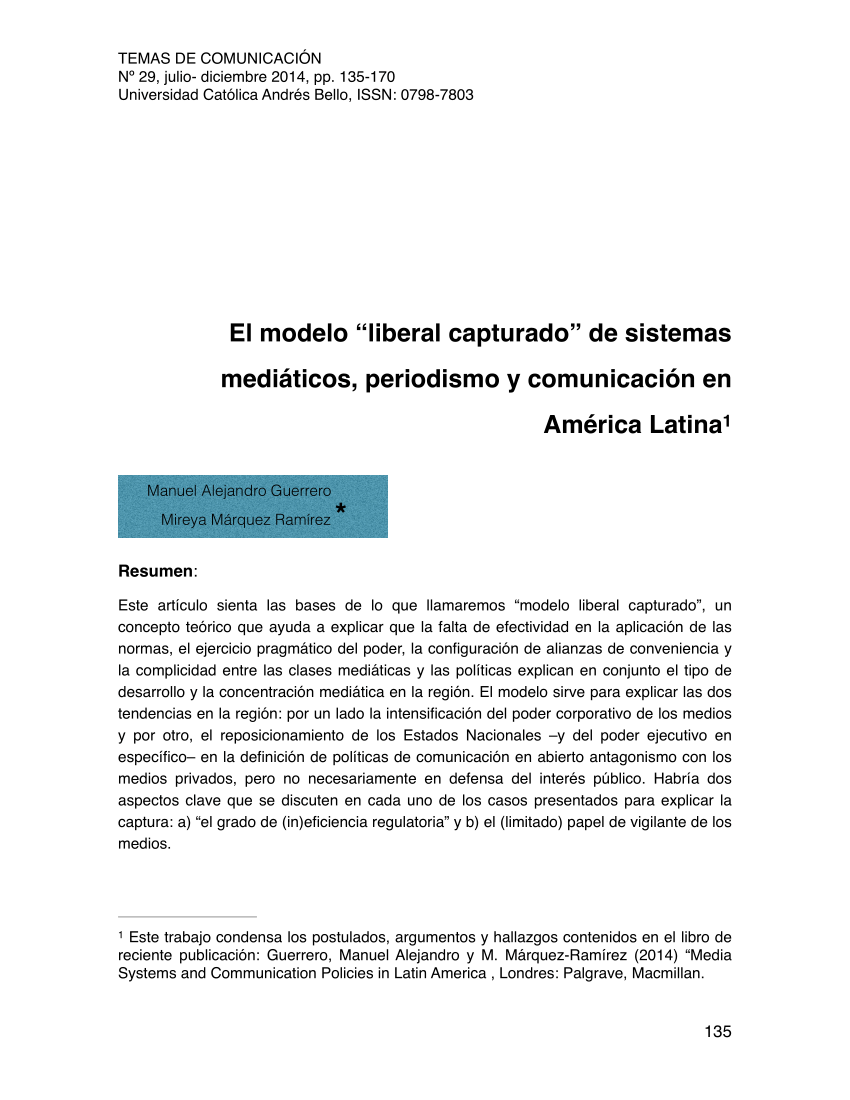 PDF) El modelo “liberal capturado” de sistemas mediáticos, periodismo y  comunicación en América Latina