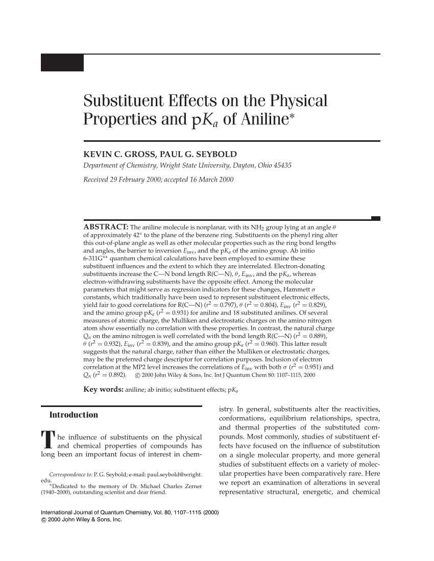 Pdf Substituent Effects On The Physical Properties And Pka Of Aniline
