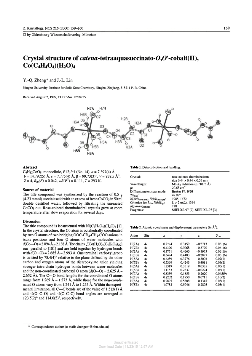 Pdf Crystal Structure Of Catena Tetraaquasuccinato O O Cobalt Ii Co C4h4o4 H2o 4