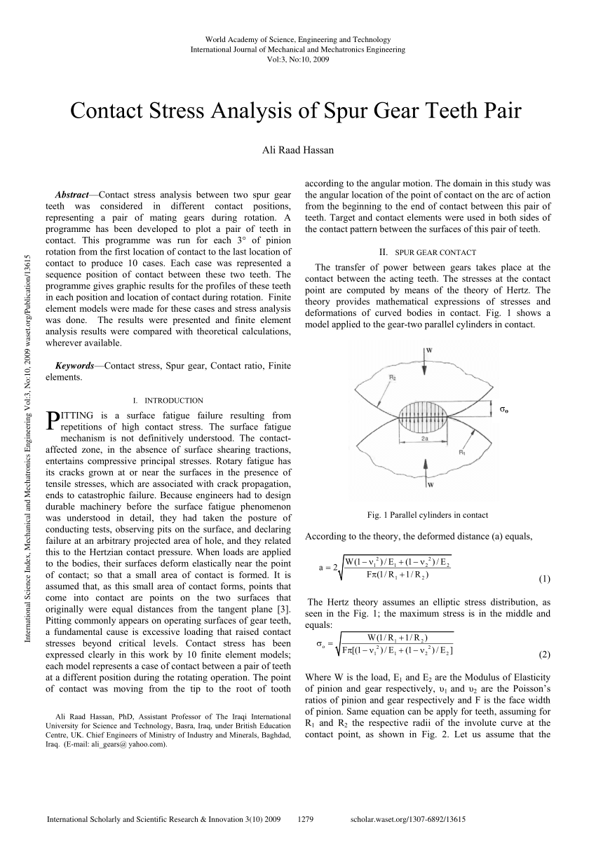 (PDF) Contact stress analysis of spur gear teeth pair