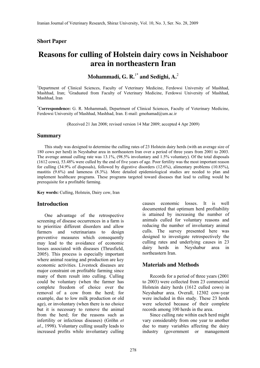 PDF) Reasons for culling of Holstein dairy cows in Neyshabur area in  northeastern Iran